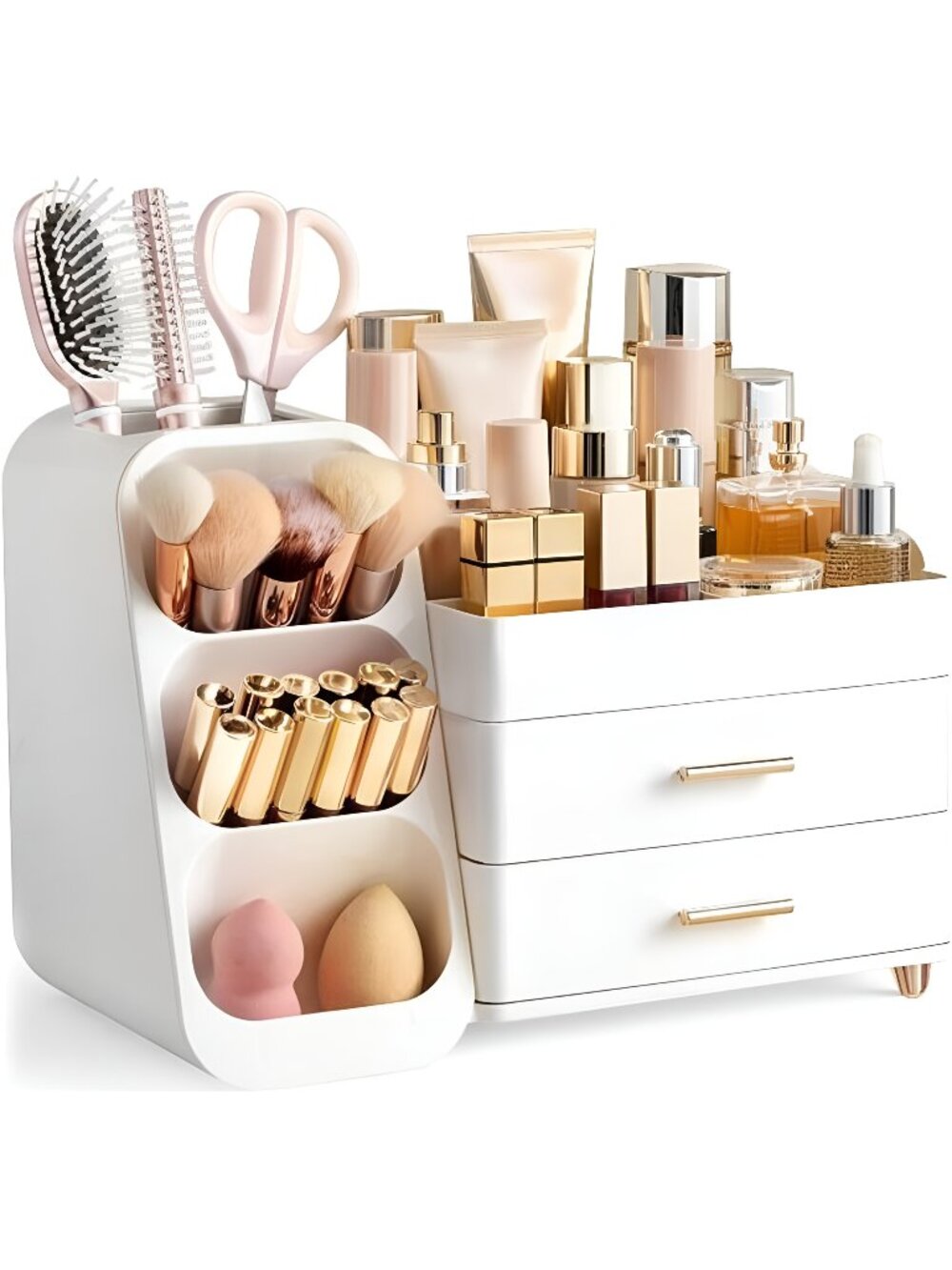 Makeup Organizer w/ Brush Holder for Vanity, Large Plastic Bathroom Countertop